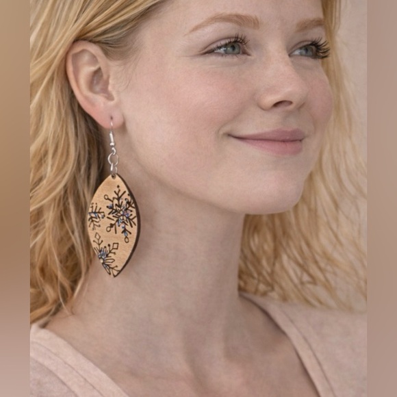 Handmade Jewelry - Engraved Wooden Snowflake Earrings Blue Sparkle Winter Artisan Dangle Statement